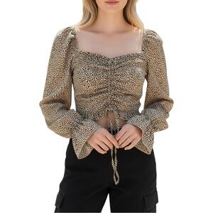 Rue21 Leopard Print Ruched Crop Top Puff Sleeve Y2K Aesthetic Small